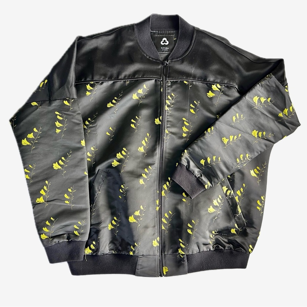 Titika Couture Embroidered Yellow Floral on Black Satin Bomber Jacket Size Large